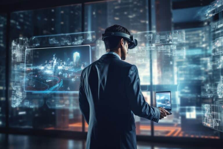 Businessman using virtual reality headset against hologram screen