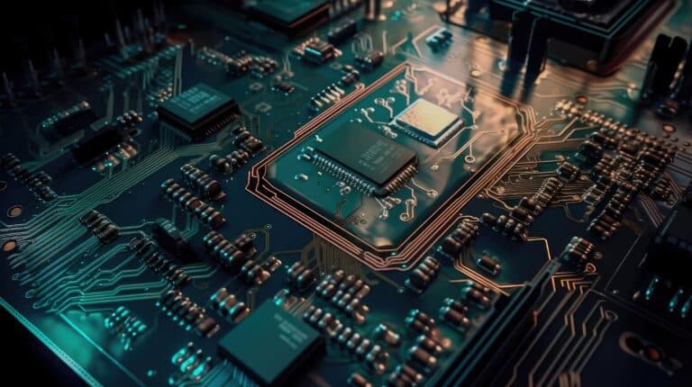 Concept illustration of a powerful super micro computer with a multicore electrical printed circuit board in gold and blue