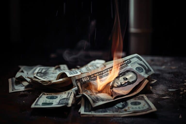 Burning dollar banknotes on a dark background concept of inflation and saving strategies