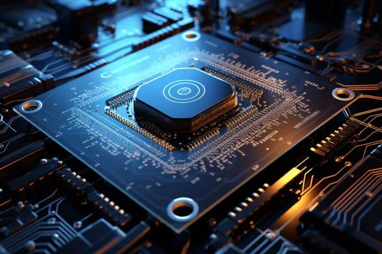 Quantum computing technology concept with futuristic digital symbols and data processing visualization