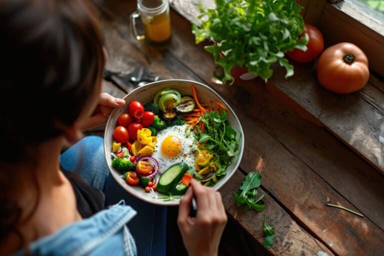 A colorful, balanced meal of vegetables, grains, nuts, and fruits for plant-based eating.