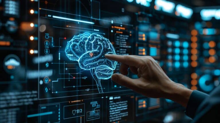 Close-up of a human brain on a virtual screen, symbolizing the stand on business mindset with artificial intelligence and machine learning concepts